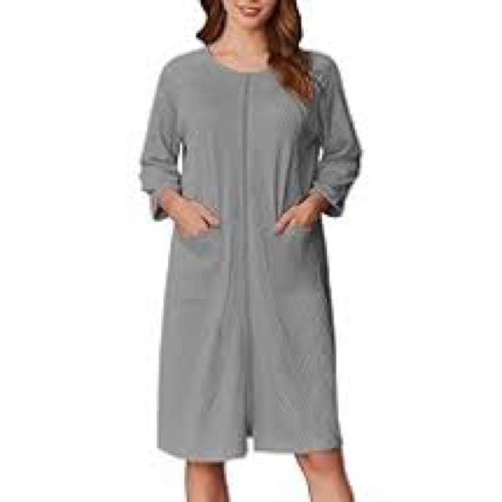 Ekouaer Zip Robe 3/4 Sleeve Ribbed Knit Bathrobe Loungewear Housecoat Pockets S